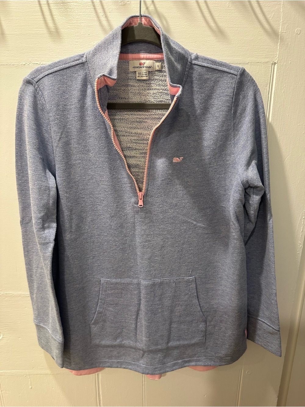 Vineyard Vines Heather Blue Quarter-Zip with Pink Trim